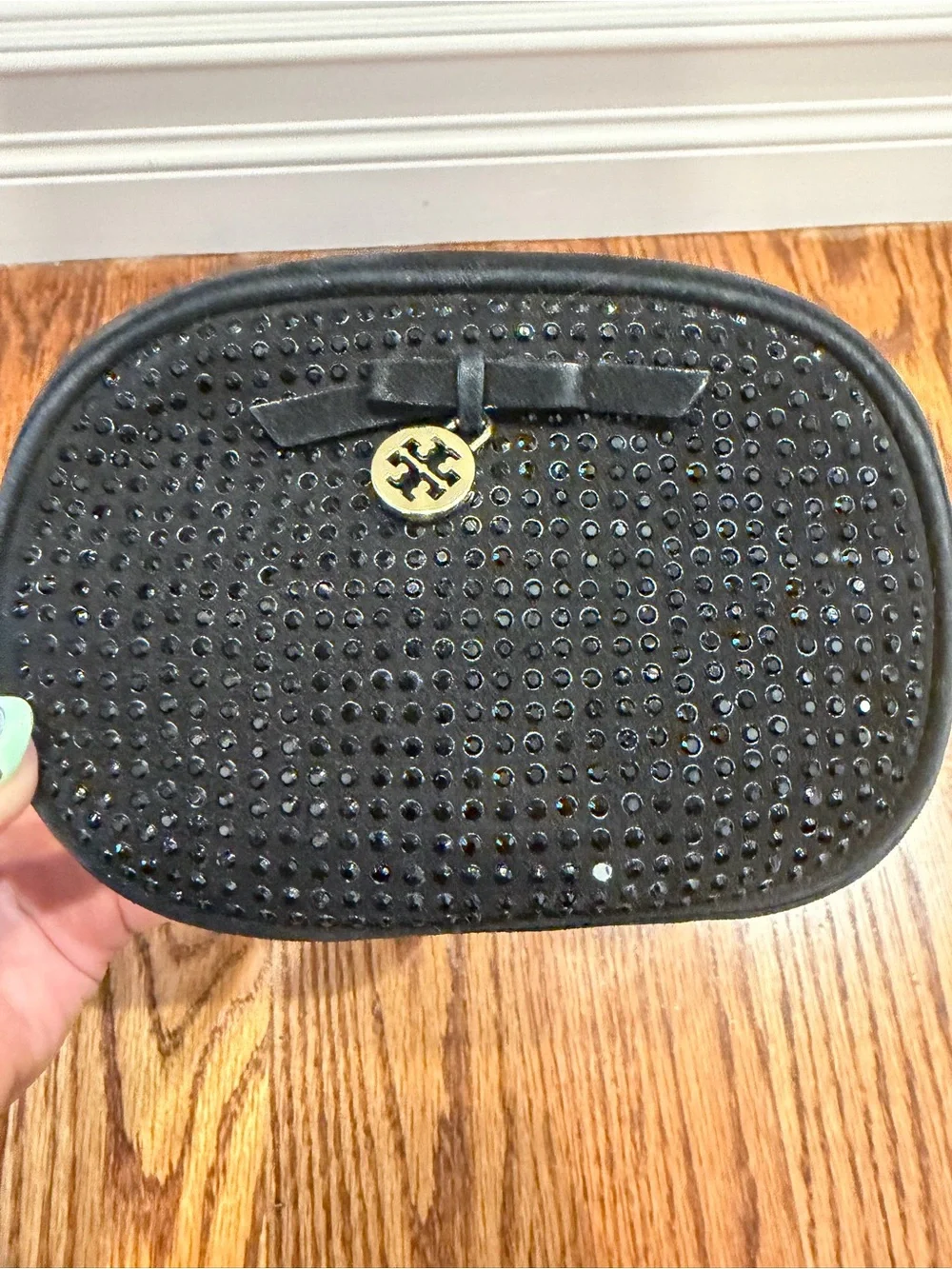 Tory Burch Black Suede Crystal-Stud Cosmetic Case with Gold Logo Charm